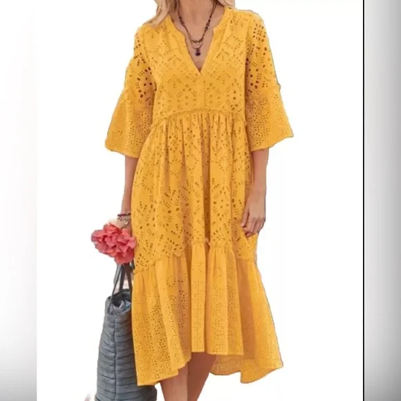 Sundance Selma Yellow Embroidered Eyelet Peasant Dress Midi - Picture 2 of 8